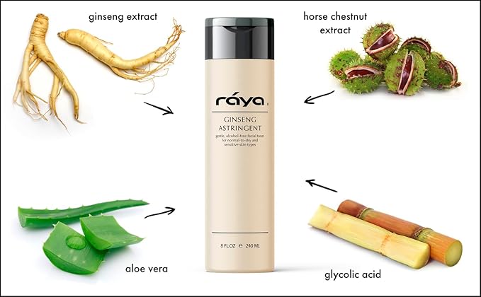 RAYA Ginseng Astringent with AHA 8 oz (G-205) | Gentle Glycolic Facial Toner for Dry and Sensitive Skin | Helps Tighten Pores, Smooth Complexion, and Reduce Fine Lines | Made with Alpha Hydroxy Acids