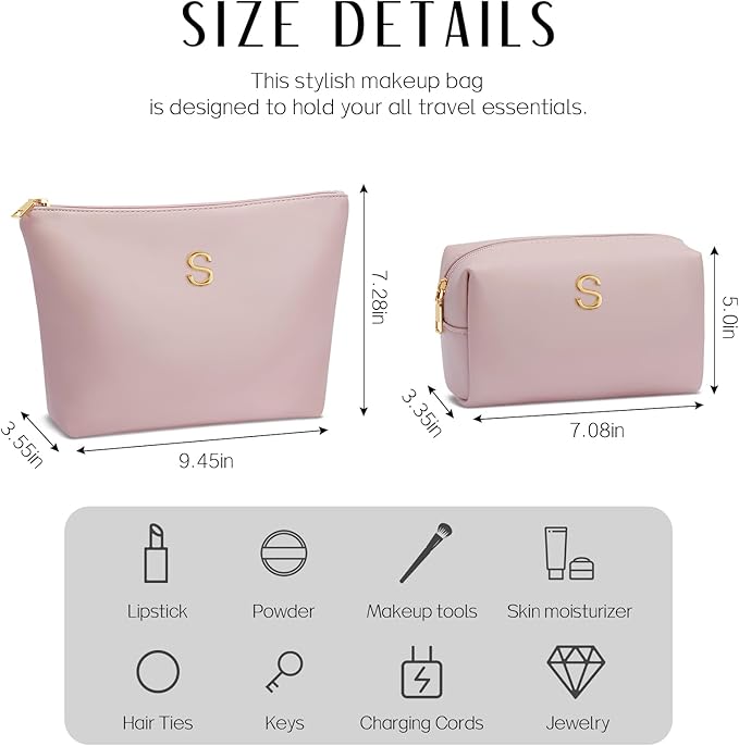 Women Gifts | Initial Makeup Bag Set for Girl Personalized Gifts for Bridesmaid Friend Graduation Teachers PU Leather Cosmetic Travel Toiletry Bag(Pink,S)