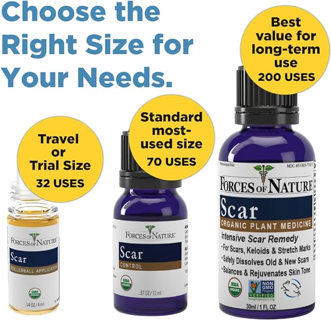 Forces of Nature Scar Treatment, Reduce Stretch Marks, Surgical Scars, Old and New Scars, Burn Scars, and Keloids, Organic Homeopathic Medicine for Skin Care, Promotes Healthy Skin, 1 FL OZ