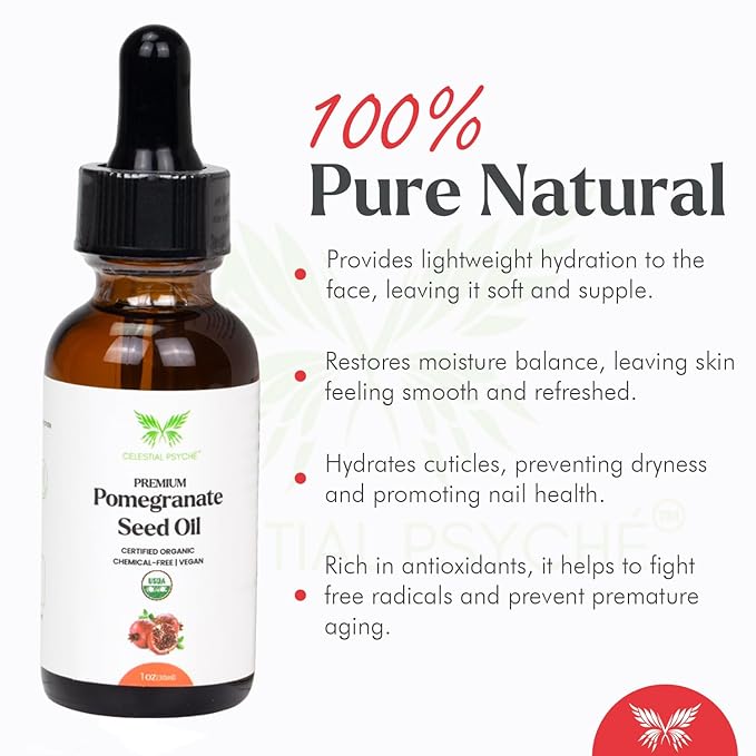 USDA Certified Organic Pomegranate Seed Oil (1 Oz) 100% Pure Natural, Hexane-Free, Face Moisturizer, Skin Hydration, Nails Natural Beauty Enhancement