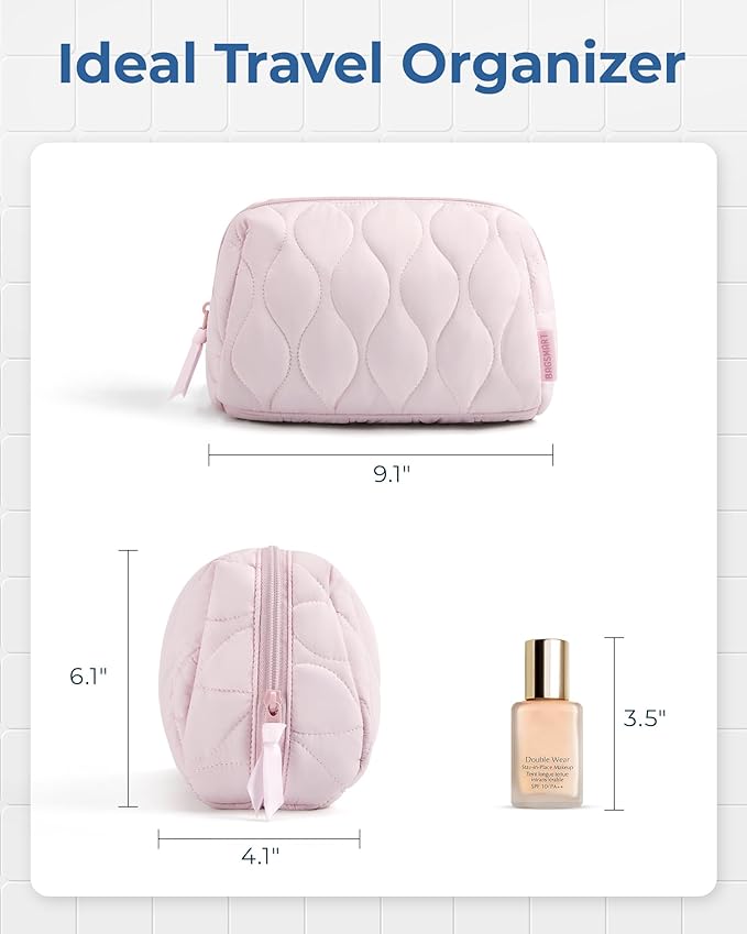 BAGSMART Makeup Bag, Travel Cosmetic Bag, Puffy Padded Make Up Bag for Women, Makeup Organizer Case, Wide-open Pouch Purse, Travel Essentials, Toiletries Accessories Brushes, Dark Pink