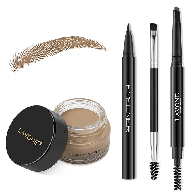 LAVONE Eyebrow Stamp Pencil Kit for Brows, Makeup Brow Stamp Trio Kit with Waterproof Pencil, Eyeliner, Pomade, and Dual-ended Brush - Taupe
