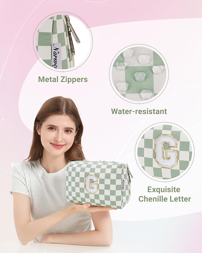 Narwey Birthday Gifts for Teen Girls Kids Women Personalized Initial Checkered Makeup Bag Preppy Cosmetic Bag Trendy Stuff 6 8 10 11 12 13 14 16 18 Years Old Travel Toiletry Bag (Green Letter G)