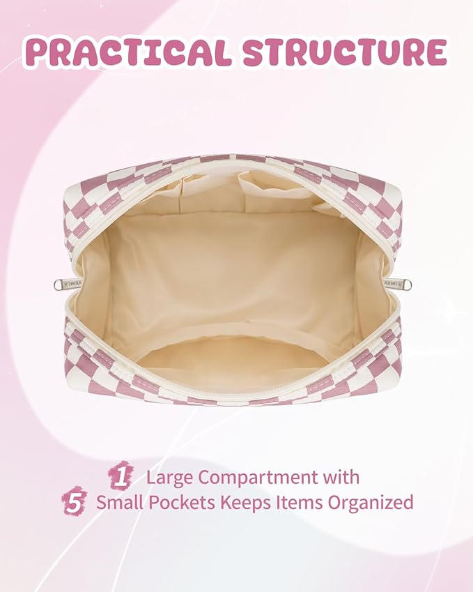 Narwey Birthday Gifts for Teen Girls Kids Women Personalized Initial Checkered Makeup Bag Pink Monogram Cosmetic Bag Trendy Stuff 6 8 10 11 12 13 14 16 18 Years Old Travel Toiletry Bag (Dusty Rose C)