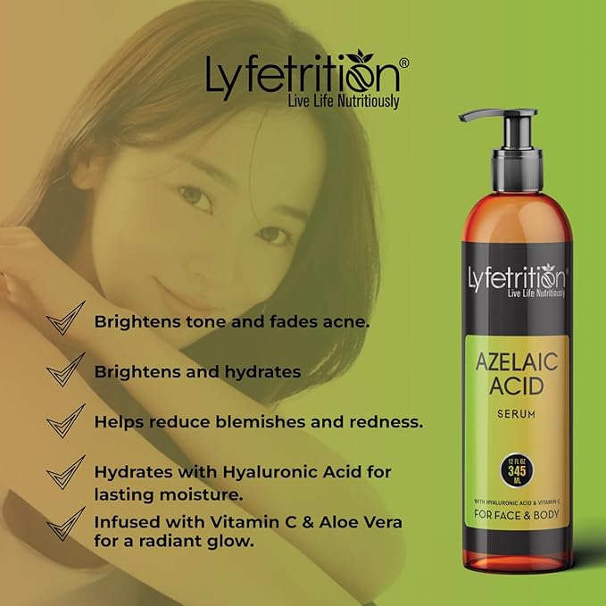 Lyfetrition Azelaic Acid Serum with Hyaluronic Acid | Natural Face Serum with Vitamin C & Aloe Vera (12 Fl Oz), Clear, (Lyfe9080)