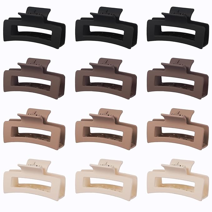 12 Pcs Medium Hair Clips for Women, 3.5 Inch Square Claw Clips, Colorful Hair Claw Clips for Thick and Thin Hair, Bulk Hair Accessories for Women and Girls- Brown