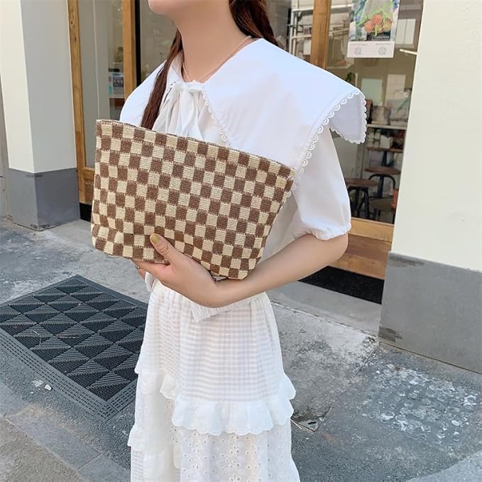PAZIMIIK Knitted Checkered Makeup Bag Large Zipper Make Up Accessory Pouch for Purse Cosmetic Brush Bag for Travel Essential,Coffee