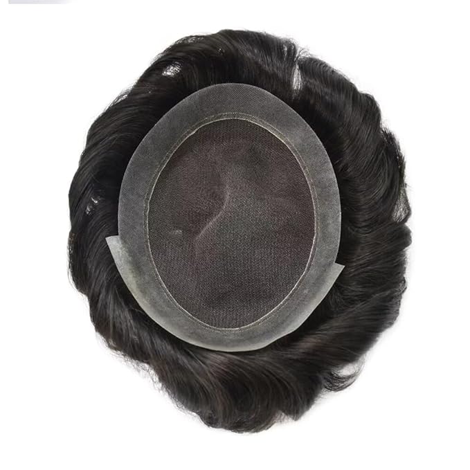 Toupee for Men French Lace Center Human Hair Replacement Systems Transparent Lace Center Hair Piece Mens Toupee Hair Units for Man V-Looped Front Male Hair Prosthesis 7"X9" #1B Off Black