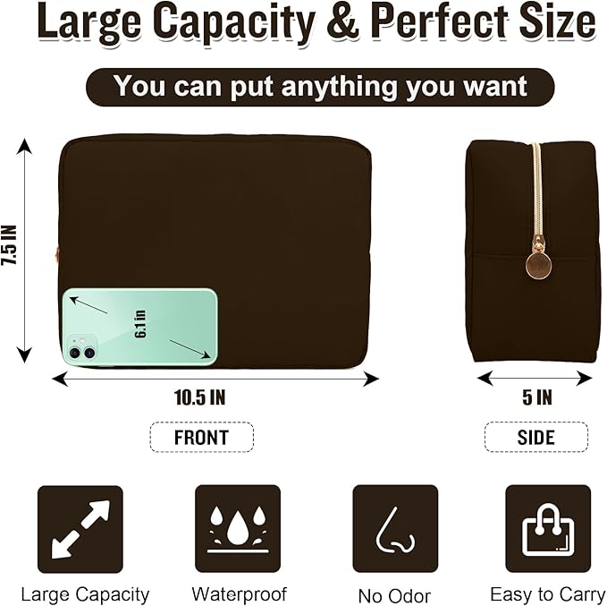 Nylon Large Makeup Bag Travel Pouch for Women, Preppy Big Makeup Bag Cute Cosmetic Zipper Pouch Purse, DIY Chenille Letter Bag Waterproof Toiletry Bag Clutch Make Up Organizer for Women Girls(Brown)