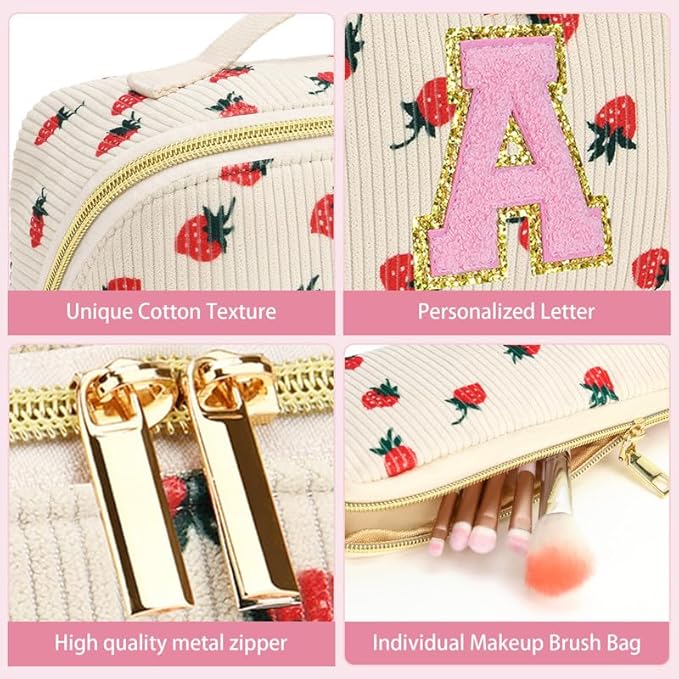 Personalized Travel Makeup Bag Set,Initial Travel Strawberry Makeup Organizer Bag,Toiletry Skincare Cosmetic Bag,Christmas Gifts for Women/Girls,Open Flat Toiletry Pouch with Brush Pocket-I