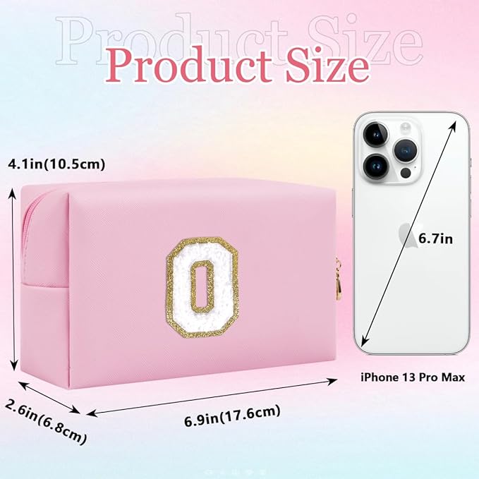 Small Personalized Letter Makeup Bag, Cute PU Leather Chenille Letters Cosmetic Bag Travel Makeup Pouch, Preppy Travel Organizer Zipper Pouch for Women&Girls（Pink-O）