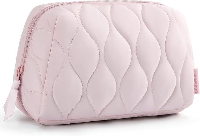 BAGSMART Makeup Bag, Travel Cosmetic Bag, Puffy Padded Make Up Bag for Women, Makeup Organizer Case, Wide-open Pouch Purse, Travel Essentials, Toiletries Accessories Brushes, Pink