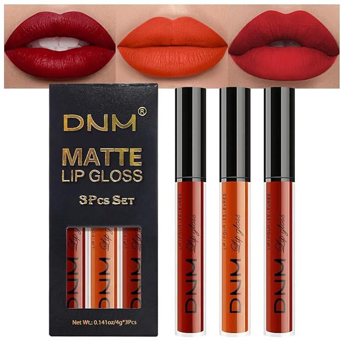 3Pcs Matte Liquid Lipstick Set, Long Lasting Waterproof Non-Transfer Lip Gloss, brick red Classic Red Lip Stain Kit for Women, Lip Stain Long Lasting 24 Waterproof Gift Makeup for Women Lippies