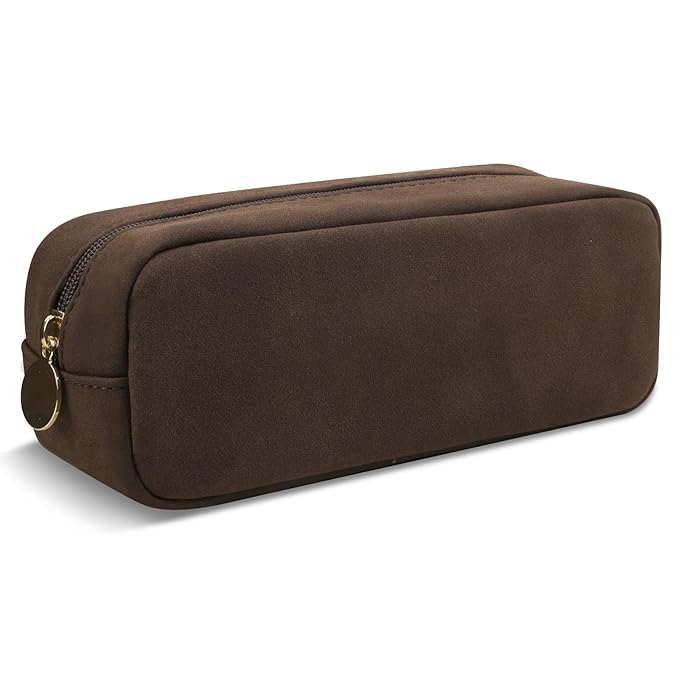 Waterproof Small Makeup Bag for Purse,Cute Pouch Preppy Suede Makeup Brush Holder with Zipper,Girls Teens Portable Storage Case Small Travel Toiletry Bag for Office(Slim-Coffee)