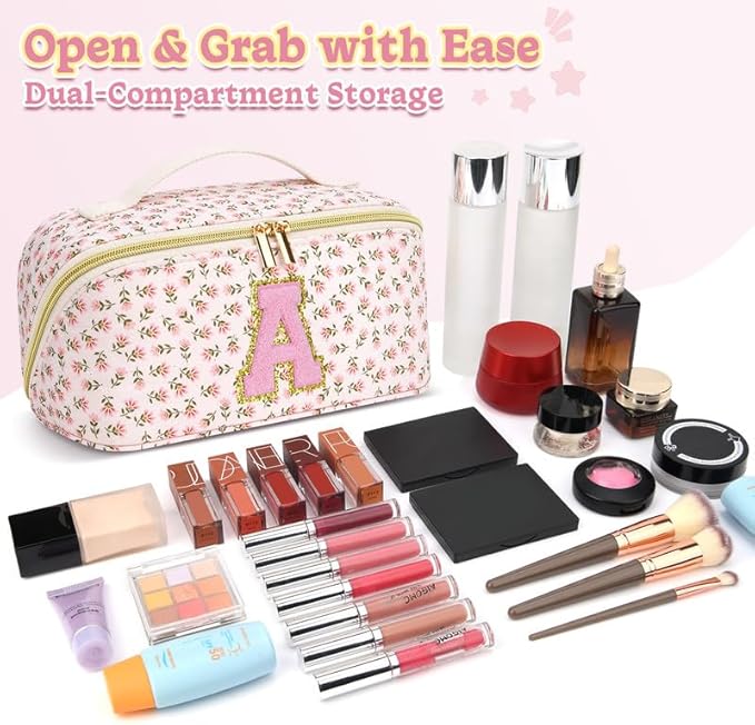 Personalized Travel Makeup Bag Set,Initial Travel Cute Floral Makeup Organizer Bag,Toiletry Skincare Cosmetic Bag,Christmas Gifts for Women/Girls,Open Flat Toiletry Pouch with Brush Pocket-C