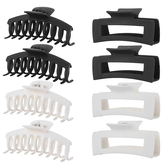 LuSeren 8 Pack White and Black Hair Clips for Women 4.3 Inch Large Hair Claw Clips for Women Thin Thick Curly Hair, Big Matte Banana Clips,Strong Hold jaw clips