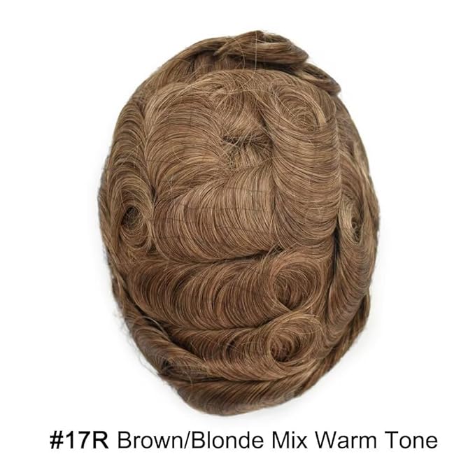 FACE MIRACLE Lace Front Mens Toupee Human Hair System Swiss Lace Center Toupee for Men Thin Skin PU Around Hair Replacement System V-Looped Mens Hair Wig Units 6"X9" 17R#BROWN/BLONDE MIX WARM TONE