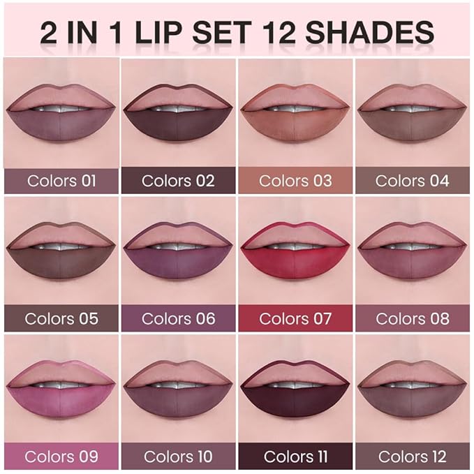 AMY'S DIARY 2pcs Matte Dark Red Lip Liner & Lipstick&Shiny Clear Lip Oil Makeup Set, Liquid Lipstick 24H and Lip Liner Set Matt Liquid Lips Make Up Waterproof Long Lasting (12#, 2 Pcs Set)