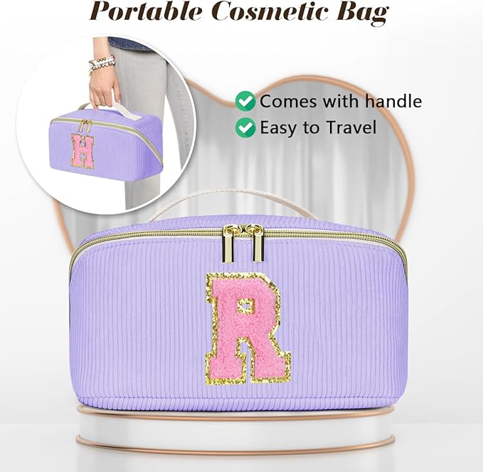 Personalized Initial Makeup Bag,Christmas Gifts for Girl,Preppy Bag Cosmetic Travel Bag Women,Travel Toiletry Organizer,Large Capacity Corduroy Stuff Bag,Cute Cosmetic Pouch Skincare Bag-T