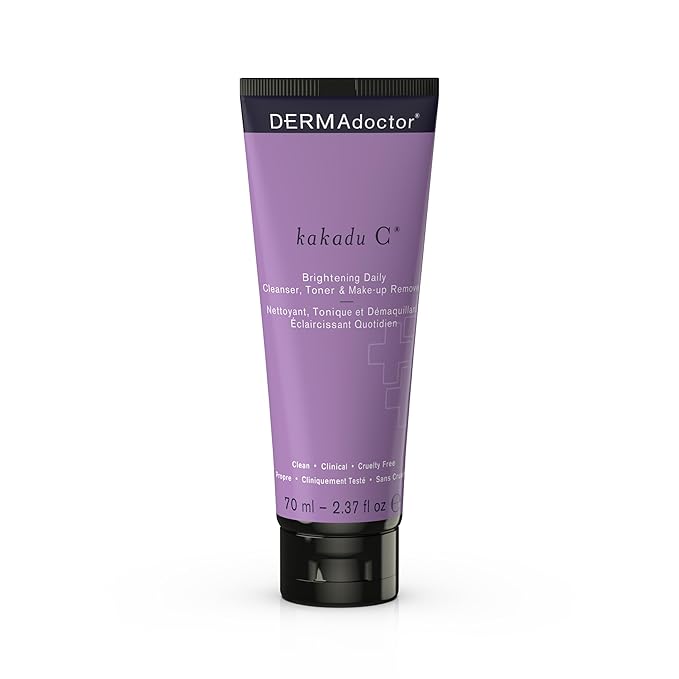 DERMAdoctor Kakadu C Dermatologist Formulated Vitamin C Brightening Daily 3 in 1, Exfoliating Face Wash, Toner, Make up Remover, Hydrating Facial Cleanser for Uneven, Dull Skin, Travel Size - 2.37 oz