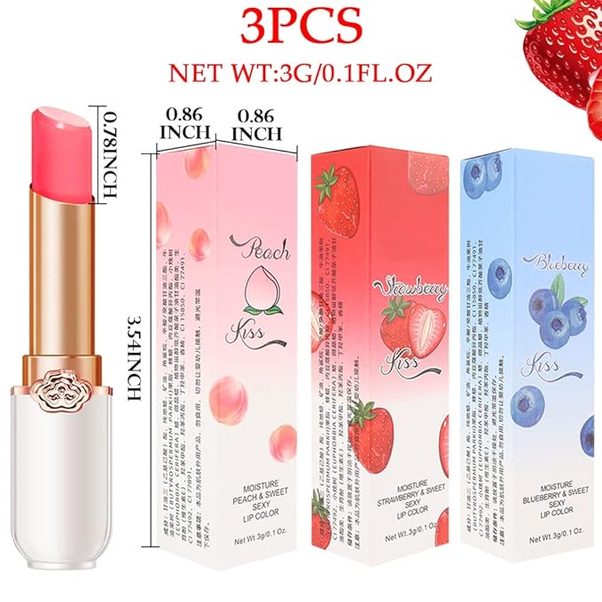 evpct 3Pcs Magic Color Changing Lipstick Long Lasting Waterproof 24 Hours Original for Women, Peach Strawberry Blueberry Pink PH Mood Permanent Color Changing Lipstick Lip Balm Gloss, labial magico