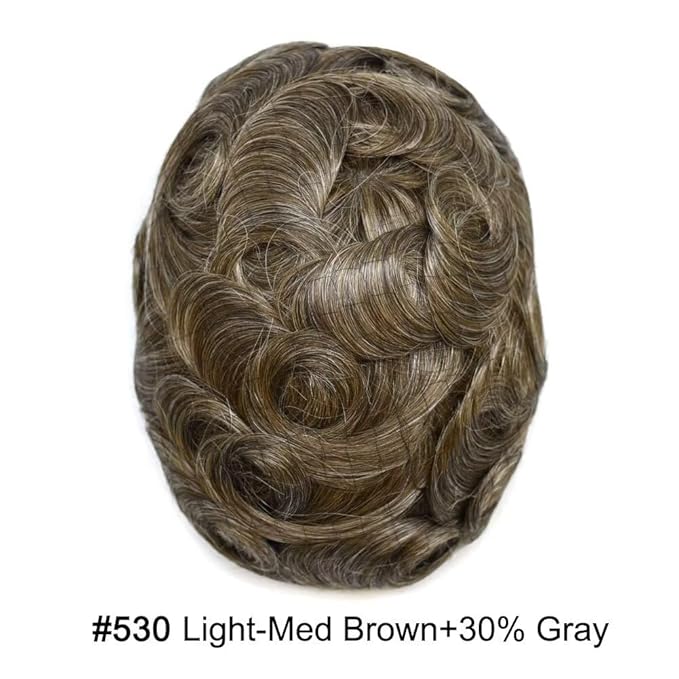 FACE MIRACLE Hair System for Men French Lace Mens Toupee Human Hair Replacement System Lace with PU Toupee for Men Male Hair Piece Wigs 6"X9" #530 5# MEDIUM LIGHT BROWN WITH 30% SYNTHETIC GREY