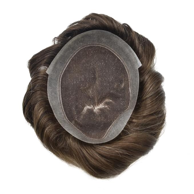 Mens Toupee Human Hair Piece French Lace Toupee for Man Hair System Indian Human Hair Replacement Systems V-Looped PU Front Hairpieces 8"X10" 2# DARKEST BROWN