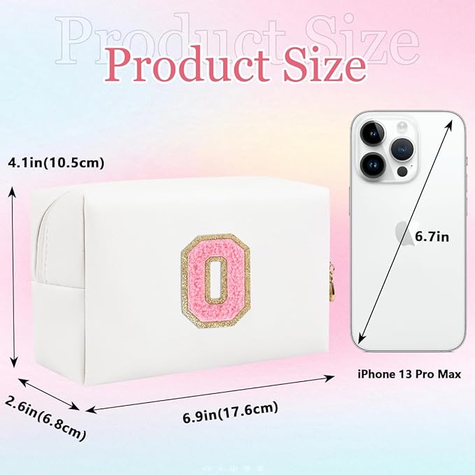 Small Personalized Letter Makeup Bag, Cute PU Leather Chenille Letters Cosmetic Bag Travel Makeup Pouch, Preppy Travel Organizer Zipper Pouch for Women&Girls（WhitePink-O）
