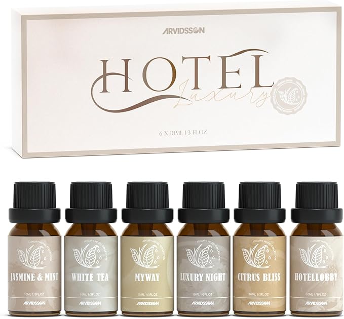 Hotel Diffuser Oils Gift Set, ARVIDSSON Luxury Fragrance Oil Blend, Hotel Scent Essential Oils for Diffuser, Jasmine & Mint, White Tea, Citrus Bliss, M-Way, Fancy Lobby, Gift for Women and Men