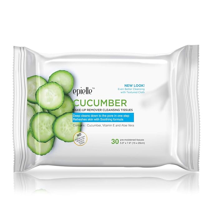Epielle Cucumber Makeup Remover Wipes, Gentle Daily Facial Cleanser Towelettes, Remove Dirt, Oil & Waterproof Mascara, Stocking Stuffers, Thanksgiving Essentials, 30 Count (Pack of 6)