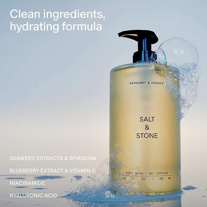 Salt & Stone Body Wash with Antioxidants for Deep Moisture | For Women & Men, Sulfate, Paraben, & Dye Free, Leaving Skin Soft and Hydrated | Bergamot & Hinoki 32 fl oz
