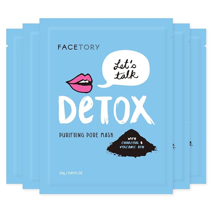 FACETORY K Beauty Face Mask Skin Care - LET'S TALK DETOX PURIFYING Sheet Mask with Charcoal & Volcanic Ash | Pore Refining Charcoal Face Mask (5 Pack)