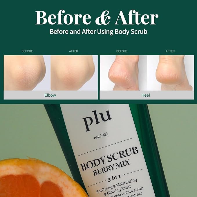 PLU Korean Original Walnut Body Scrub Polish - Berry Mix - Exfoliating & Moisturizing & Glow - for Acne, Cellulite, Stretch Marks, Spider Veins - Sweet Raspberry & Acai Berry Scent, 6.76 oz.