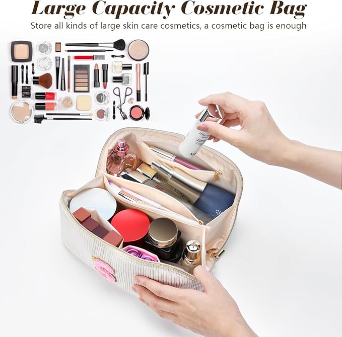 Personalized Initial Makeup Bag,Christmas Gifts for Girl,Preppy Bag Cosmetic Travel Bag Women,Travel Toiletry Organizer,Large Capacity Corduroy Stuff Bag,Cute Cosmetic Pouch Skincare Bag-T