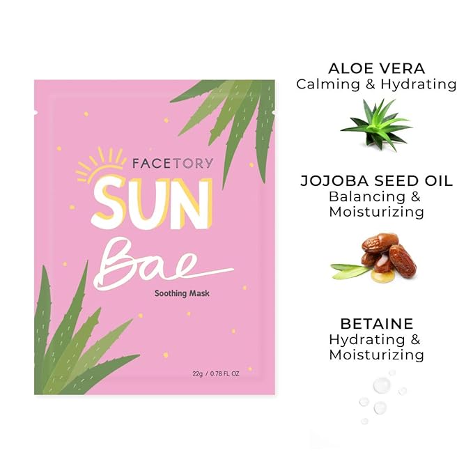 FACETORY K Beauty Face Mask Skin Care - SUN BAE SOOTHING Sheet Mask with Aloe & Shea Butter | After Sun Care, Soothe & Restore (10 Pack)