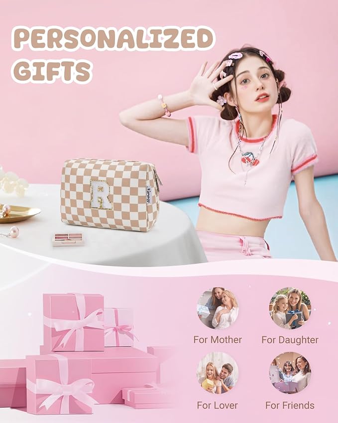 Narwey Birthday Gifts for Women Teen Girls Kids Personalized Initial Checkered Makeup Bag Cute Cosmetic Bag Trendy Stuff 6 8 10 11 12 13 14 16 18 Years Old Travel Toiletry Bag (Brown Letter R)