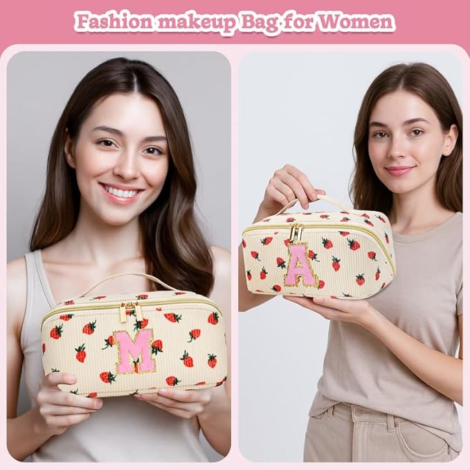 Personalized Travel Makeup Bag Set,Initial Travel Strawberry Makeup Organizer Bag,Toiletry Skincare Cosmetic Bag,Christmas Gifts for Women/Girls,Open Flat Toiletry Pouch with Brush Pocket-F