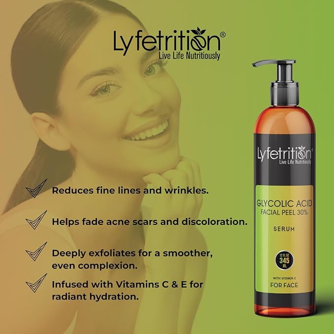 Lyfetrition Glycolic Acid/AHA 30% Renewal Serum, infused with Vitamins C & E for Skin Brightening, Exfoliating Serum Works for Dark Spots, Acne, and Reduces Fine Lines & Wrinkles - (12 Fl Oz)