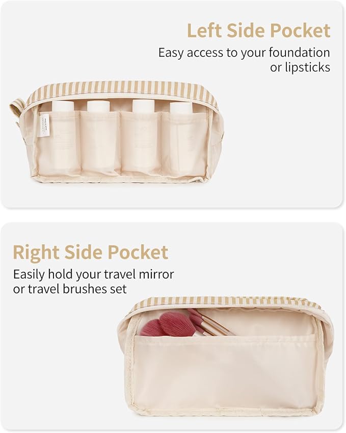 Narwey Cute Makeup Bag Small Toiletry Bag Travel Cosmetic Bag Organizer Make Up Bags with Organized Pockets for Women (Brown Stripe, Large)