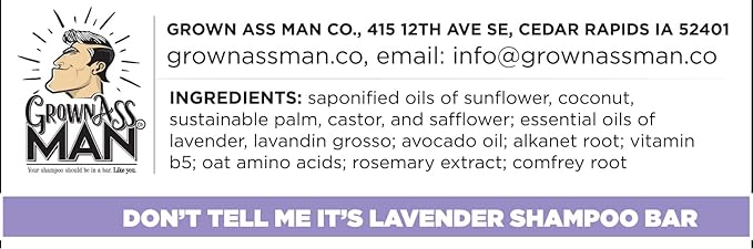 Grown Ass Man Co. - Solid Shampoo Bar Rich Lather 3 in 1: Hair, Beard & Body Wash - Plastic Free & Eco-Friendly, Natural & Organic for All Hair Types, 4oz Bar (Don't Tell Me It's Lavender, Single)