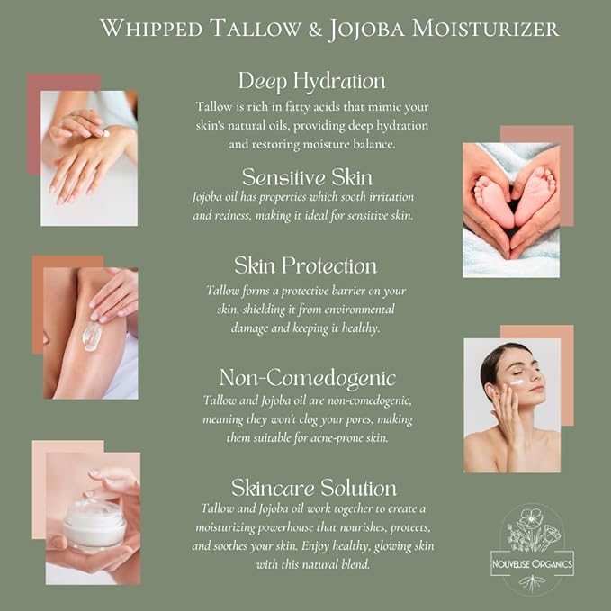 Pure - Whipped Tallow Moisturizer - Unscented - 100% Grass-Fed Tallow & Organic Jojoba, Chemical-Free, Non-Comedogenic, For Dry, Sensitive & Eczema-Prone Skin - Children & Pets - 1.7oz