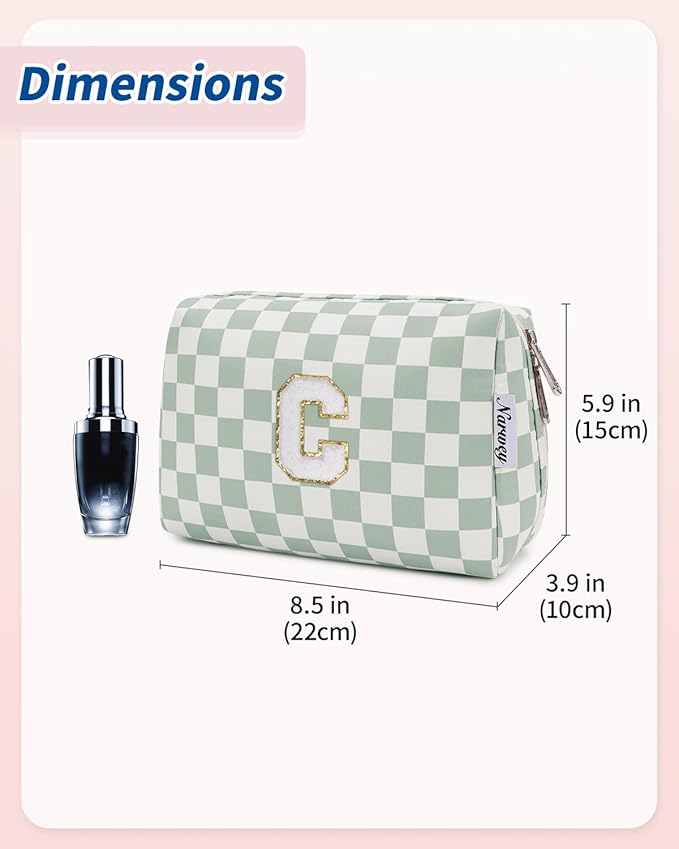 Narwey Birthday Gifts for Teen Girls Women Personalized Initial Checkered Makeup Bag Preppy Cosmetic Bag Trendy Stuff 6 8 10 11 12 13 14 16 18 Years Old Travel Toiletry Bag (Green Letter C)