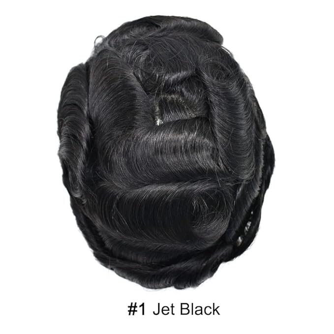FACE MIRACLE Hair System for Men French Lace Mens Toupee Human Hair Replacement System Lace with PU Toupee for Men Male Hair Piece Wigs 7"X10" 1#JET BLACK