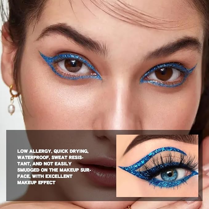 evpct 1Pcs Royal Blue Glitter Liquid Eyeliner Makeup, Light Blue Metallic Shimmer Eyeliner Liquid Eye Liner Eyeshadow Pencil Face Gems Glitter Facepaint Makeup, Blue Eyelashes Mascara hair Accessories