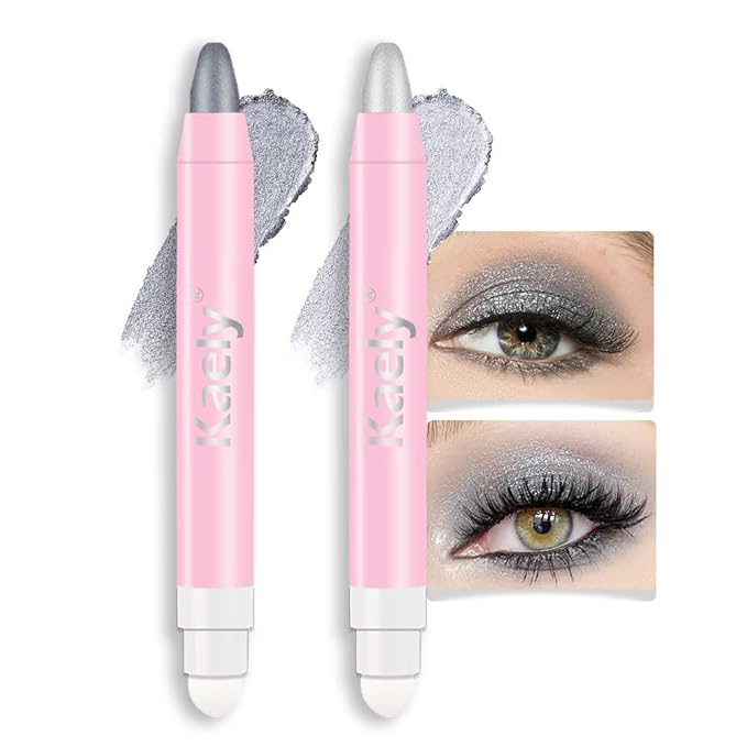 evpct 2Pcs Cream Eye Shadow Brightener Sticks Set for Eyes Waterproof, Dazzling Grey & Silver Shimmer Cream Eyeshadow Applicator Stick Long Lasting Pigmented Eye Makeup sombras en crema para ojos 2+16