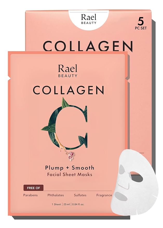 Rael Face Mask Skin Care, Collagen Face Masks - Bamboo Facial Sheet Mask, Korean Skincare, with Collagen Essence and Fruit Extracts, Nourishing and Moisturizing, All Skin Types (Collagen, 5 Sheets)