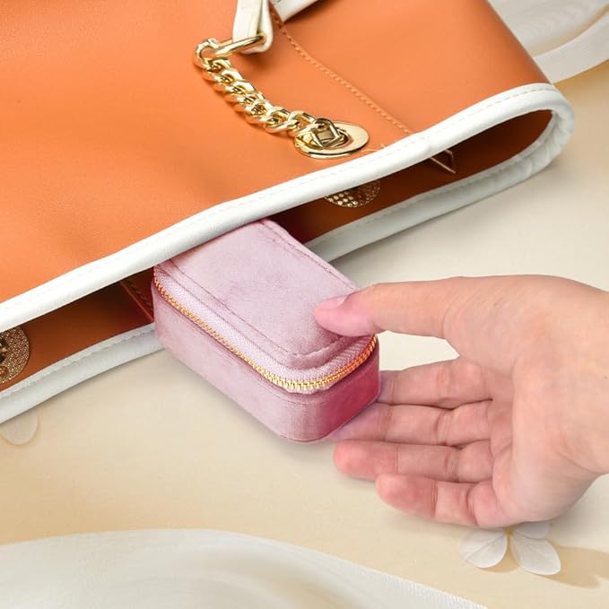 Small Travel Jewelry Case, Mini Tiny Plush Velvet Jewelry Box for Women and Girls, Pocket Size Jewelry holder organizer for Rings Earrings and Small Items(Pink)