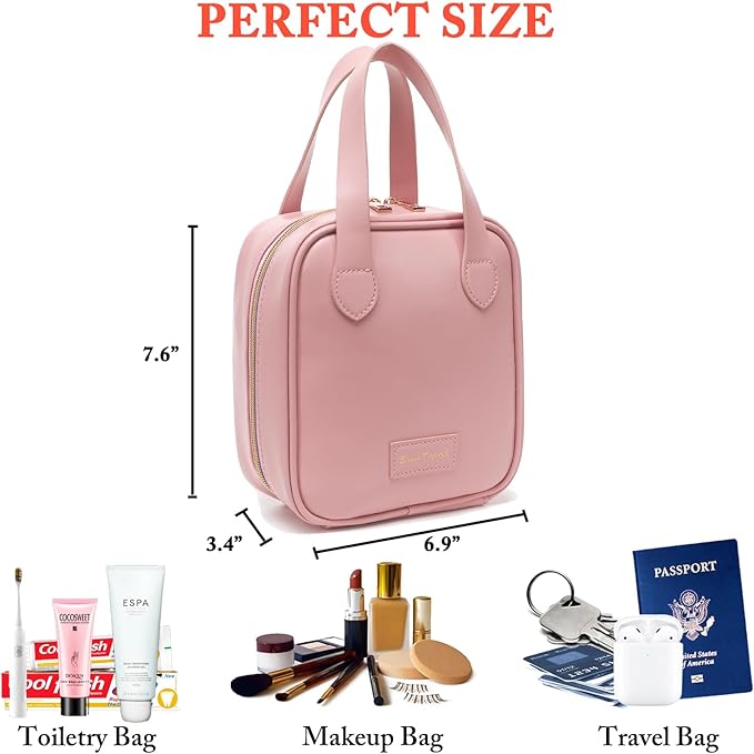 Travel Makeup Bag, Large Flat-Open Cosmetic Bag Make Up Organizer Case for Women, Waterproof PU Leather Toiletry Bag with Brush Compartment Skincare Pouch for Toiletries Accessories