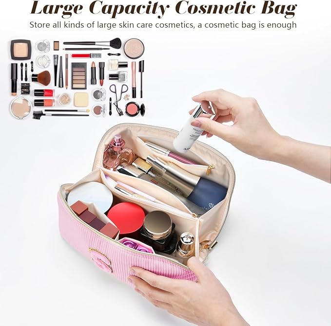 Personalized Initial Makeup Bag,Christmas Gifts for Girl,Preppy Bag Cosmetic Travel Bag Women,Travel Toiletry Organizer,Large Capacity Corduroy Stuff Bag,Cute Cosmetic Pouch Skincare Bag-Q