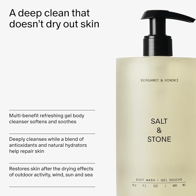 Salt & Stone Body Wash with Antioxidants for Deep Moisture | For Women & Men, Sulfate, Paraben, & Dye Free, Leaving Skin Soft and Hydrated | Bergamot & Hinoki 32 fl oz